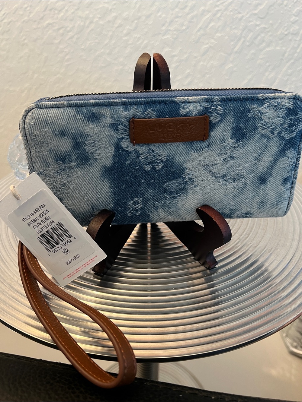 Lucky Brand Blue Denim Floral Wristlet with Brown Strap